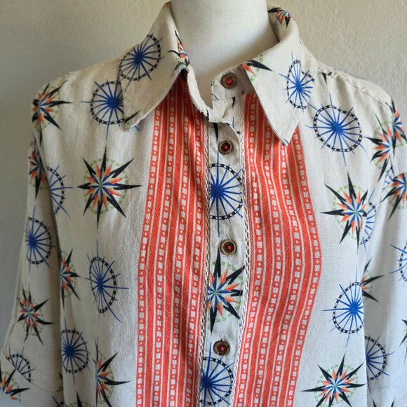 Anthropologie Compass Button Shirt Linen Blend Short Sleeve Oversized Boxy XXS - Picture 2 of 8